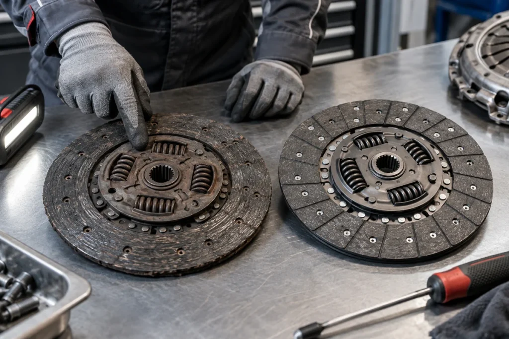 Dos discos de embrague desgastados comparados sobre la mesa de un taller