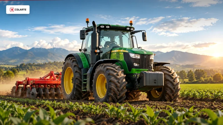 Tractor agrícola con implemento de discos trabajando en un cultivo