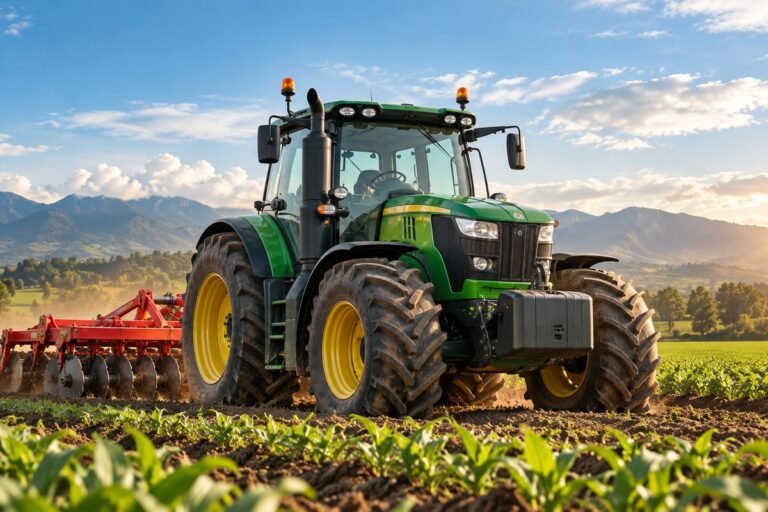 Tractor agrícola con implemento de labranza trabajando en cultivo
